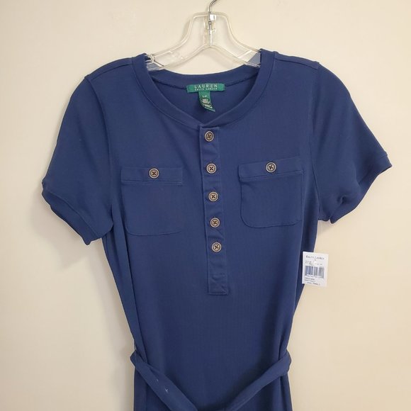 NWT Lauren Ralph Lauren Navy Blue Knit Cotton Dress w/ Belt Office Preppy Size S - Picture 7 of 13